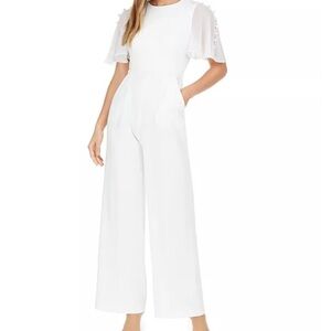 Calvin Klein Chiffon-Sleeve Jumpsuit, White